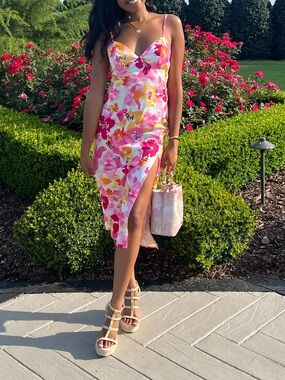 SHEIN Pink, Yellow & White Floral Midi Slip Dress
